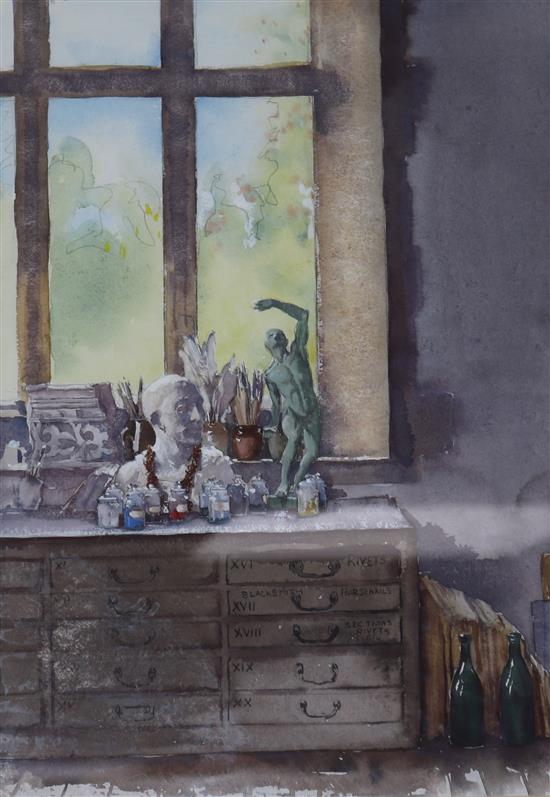 Robert Wraith (1952-), watercolour, studio interior, 38 x 27cm